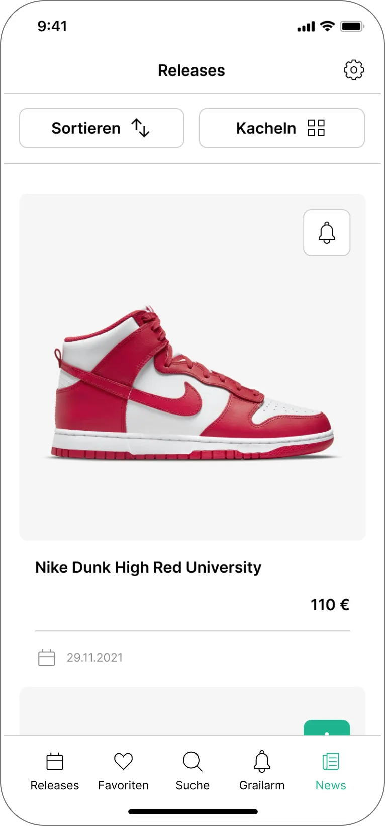 Releases-Ansicht der Grailify-App mit Sneaker-Drops im Listenformat inklusive Preis- und Datumsangaben.