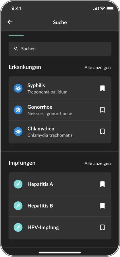 Suchansicht der DSTIG-App im Dark Mode mit Ergebnislisten zu Erkrankungen und Impfungen.